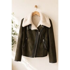 Olive‎ Faux Shearling Aviator Moto Biker Jacket Cozy Sherpa Lined Size 10
